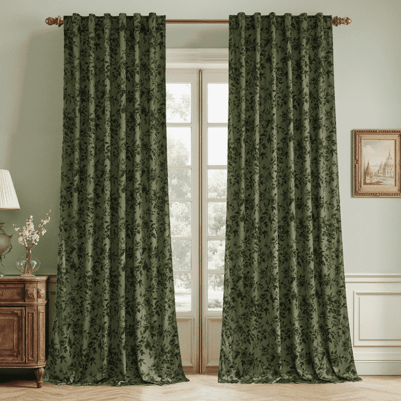 NICETOWN Olive Green Velvet Curtains 84 inches Long, Vintage Floral Velvet Curtains Thermal Insulated Room Darkening Drapes for Bedroom Living Room, 50"x84", 2 Panels