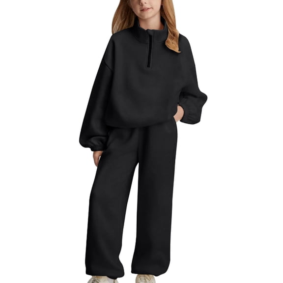 HXIWJKT Girls Sweatsuits 2 Piece Set Half Zip Sweatshirt and Sweatpants Joggers Fashion Fall 𝖳racksuit Loung𝖾 Matching Set (11-12 Years ,Black)