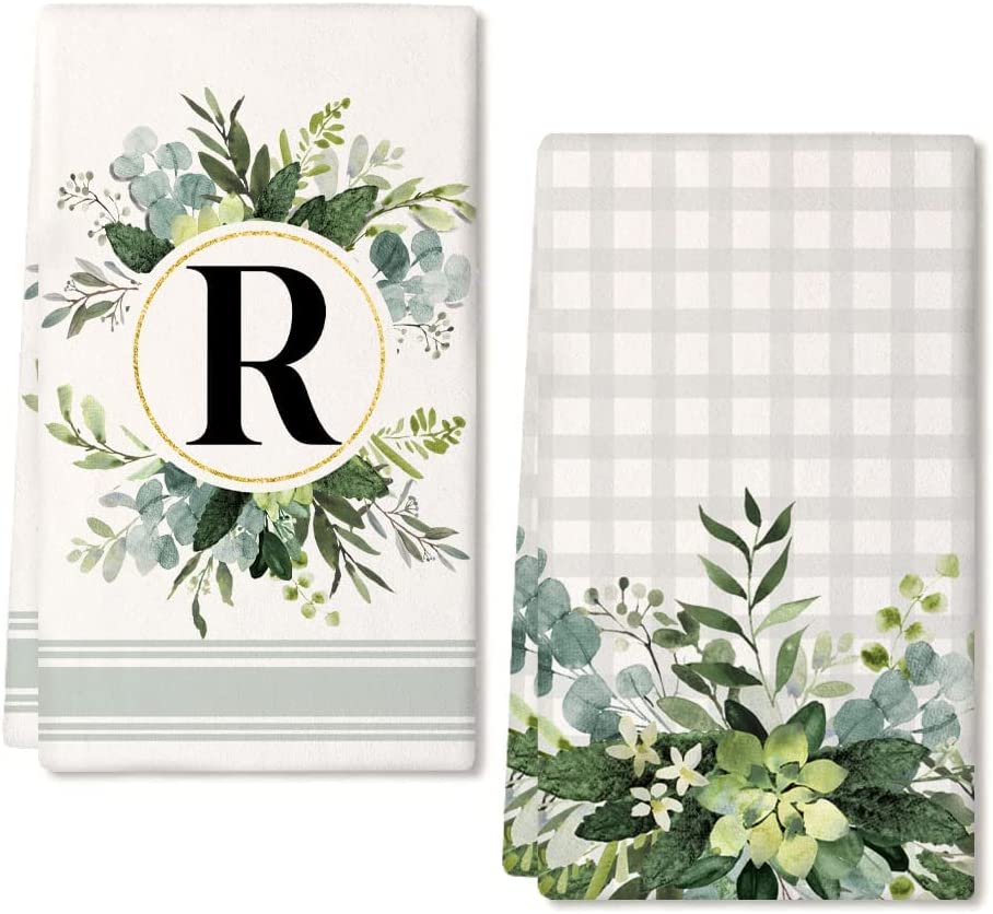 Monogram Letter M Kitchen Towels for Home Decor Eucalyptus Leaves Family Last Name Initial Dish