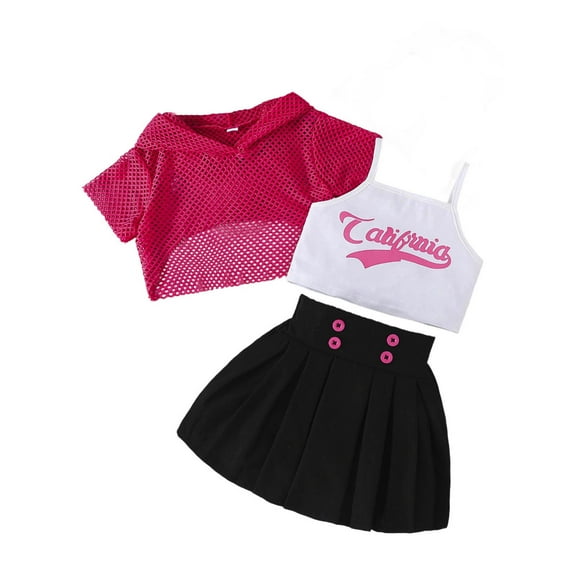 BOOMNY Toddler Girls Clothes Sets Sleeveless Letter Prints Cropped Tops Skirts With Hollow Out Shirt 3Pcs Outfit Sets Lightweight Summer Clothing Set