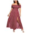 thumbnail image 1 of Robes Rouges pour Femmes Grande Taille Épaules Dénudées Froncée Corsage Fendue Robe Florale, 1 of 6