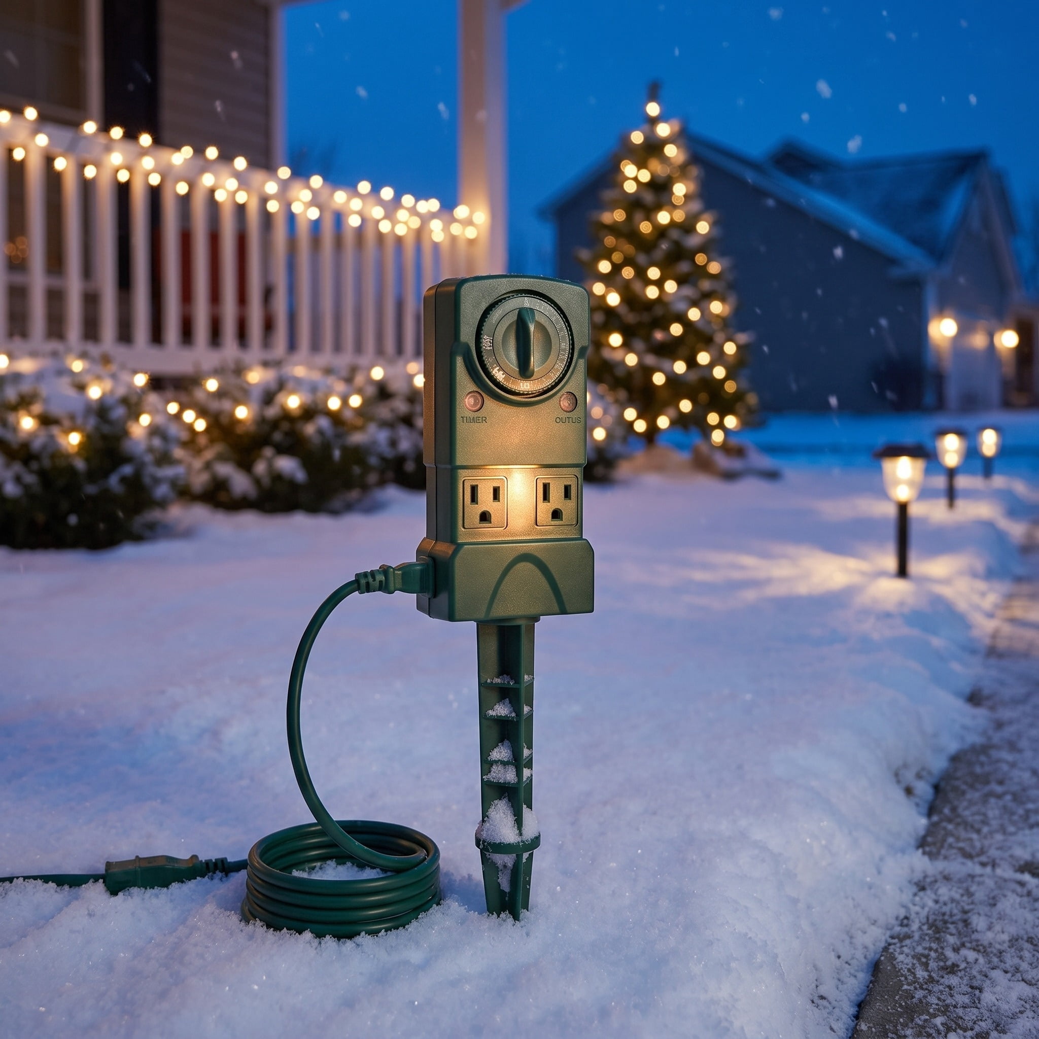 Outdoor 3-Outlet Power Stake with Timer, 1250 Watts, Green, 6', by Holiday Time