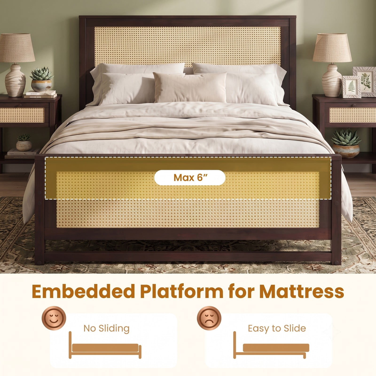 Furnibear Full Size Bed Frame with Storage, Wood Rattan Platform Bed with 2 Drawers and Woven Headboard and Footboard, Rustic Brown