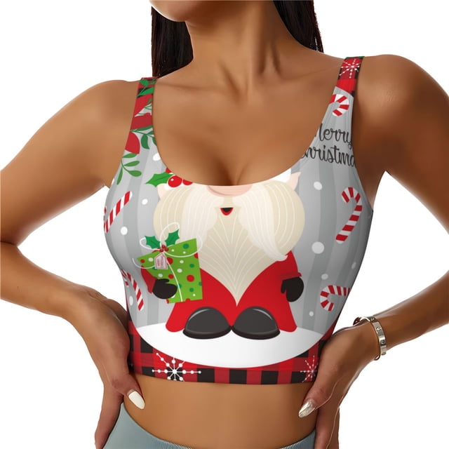 Fotbe Gnome And Buffalo Plaid Sujetador Deportivo Largo sin Aros para Mujer con Almohadillas y Soporte Medio, Transpirable y Absorbente, Camiseta Tipo Chaleco o Tank Top-Small