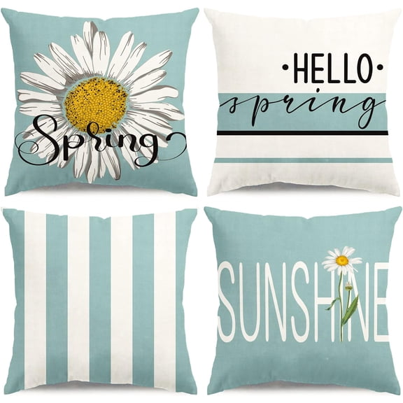 Spring Pillow Covers 18x18 Teal Spring Summer Decorations Hello Spring White Daisy Throw Pillow Covers Summer Sunshine Farmhouse Cushion Case for Sofa Couch Set of 4