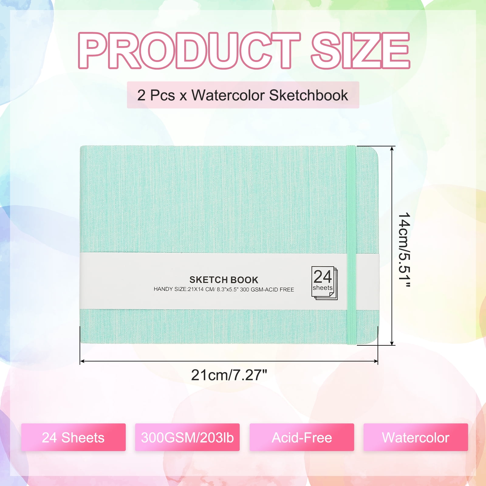 Uxcell 8.3x5.5" Square Watercolor Sketchbook, 2Pcs 24 Sheet 300gsm/140lb, Green
