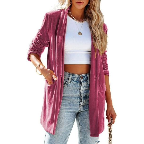 chamarra casual de terciopelo clásico con un botón para mujer, de manga larga sedosa, ajuste holgado Rosa Rojo G Rosa Rojo G Xishao ropa