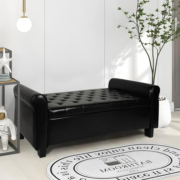 HLL Storage Ottoman Bench with Arms, End of Bed Bench for Bedroom, Button Tufted for Entryway, Living Room,Hallway, Foot Rest (Black)