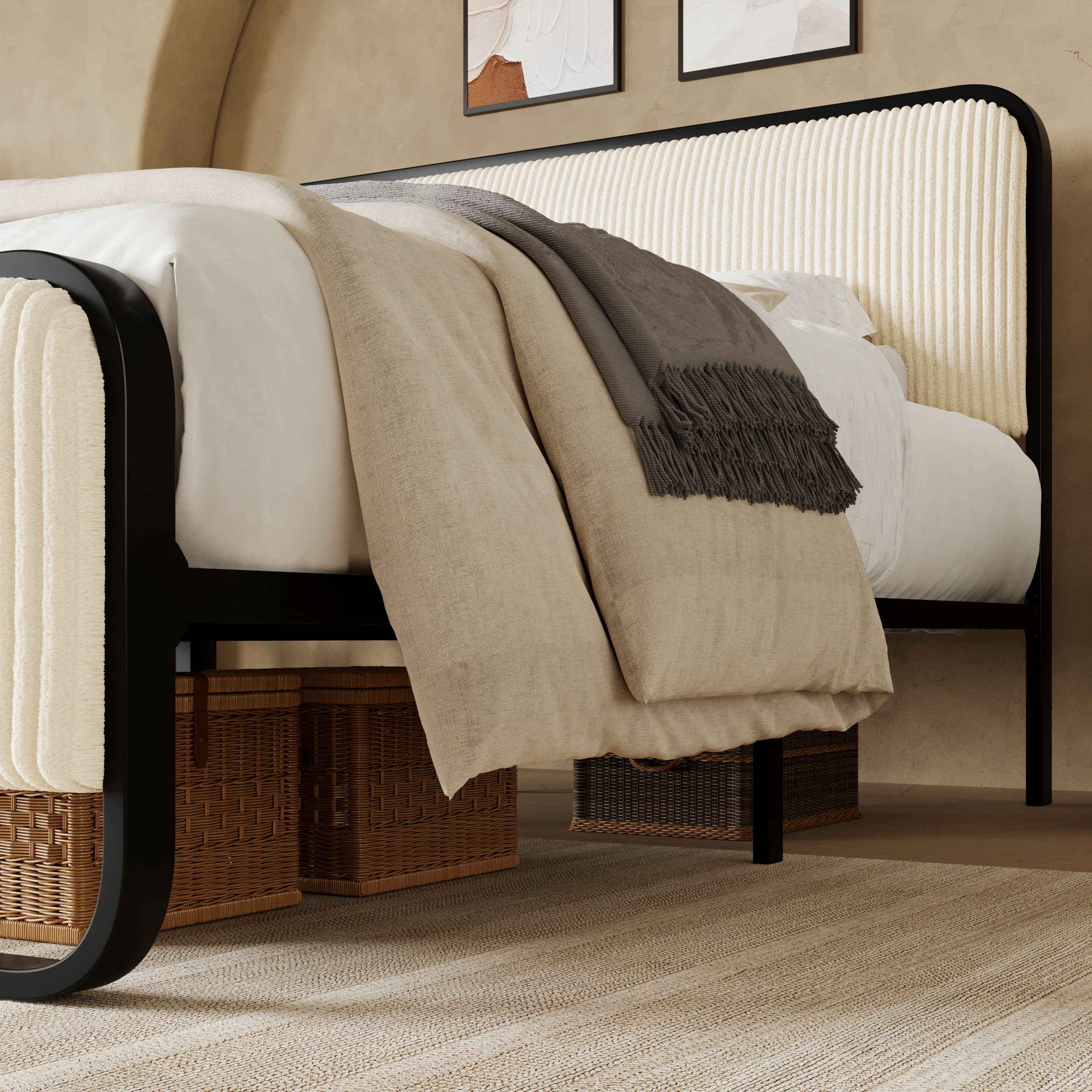 Allewie Full Bed Frame, Upholstered Platform Bed with Velvet Curved Headboard and Footboard, No Box Spring Needed, Cream White