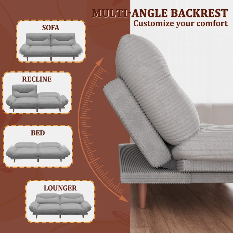 Lacoo 65"W Convertible Futon Sofa Bed with Five-level Adjustable Armrests,Corduroy Gray