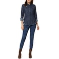 thumbnail image 2 of INSPIRE CHIC Women's Point Collar Long Sleeve Distressed Raw Hem Button Denim Shirt XS Dark Blue, 2 of 5