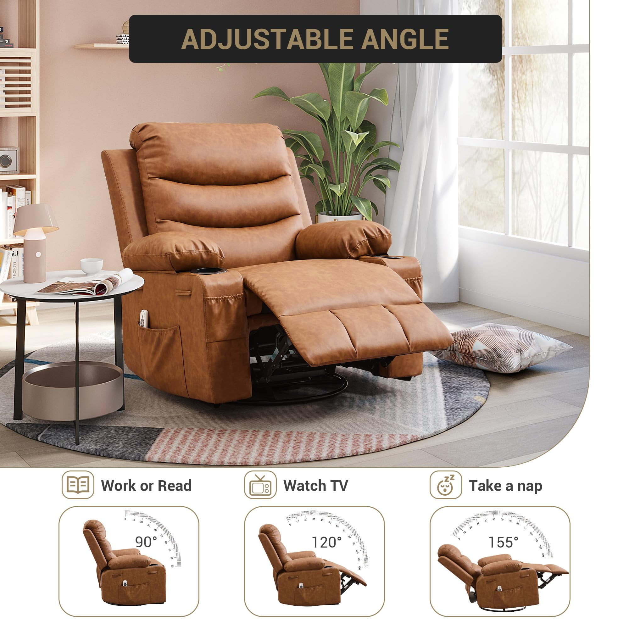Recliner Chair Nursery, Oversized Manual Reclining Rocking Chair, 360 Swivel Glider with Cup Holder, Massage and Heat Recliner, Indoor Small Single Sofa Chairs for Adults RV Bedroom, Beige/Grey/Brown