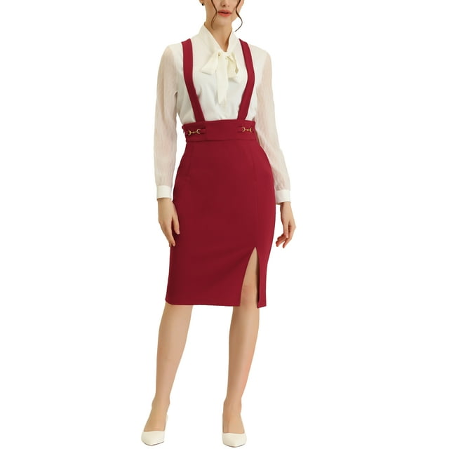 Unique Bargains Jupe à Bretelles Ajustables Taille Haute pour Femmes, Unie, Rouge, G