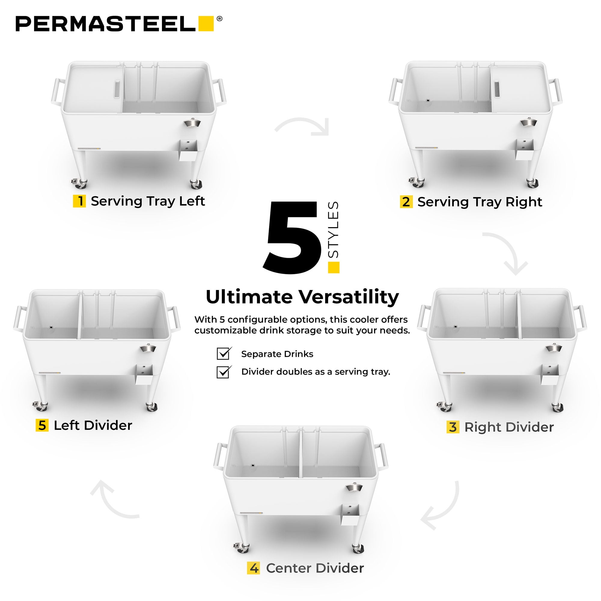 Permasteel Party Cooler with Divider, Spacious 80-Qt Capacity, Chills 36hrs, Serving Tray, Rolling Ice Chest for Indoor and Outdoor Entertainment, Matte White