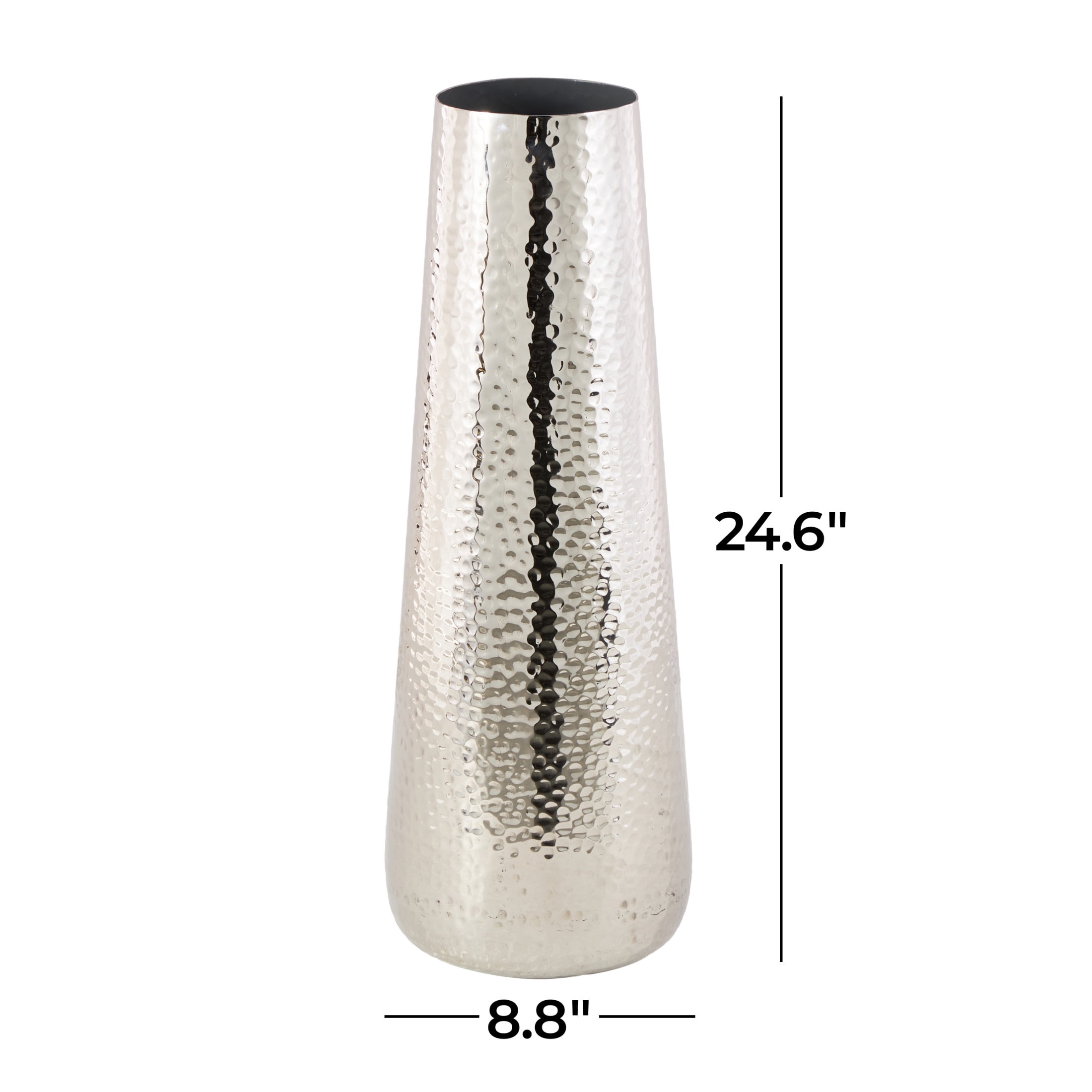 DecMode 25" Tall Hammered Silver Aluminum Metal Vase