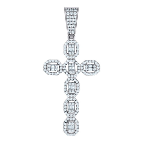 925 Sterling Silver Mens Baguette Round Cubic Zirconia Cross Religious Charm Pendant Necklace for Men