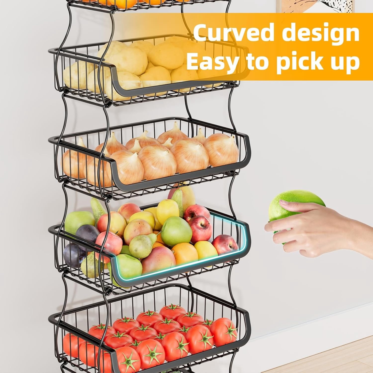6 Tier Rolling Cart, Stackable Fruit Vegetable Basket with Wheels and 2 Hanging Basket, Kitchen Storage Metal Wire Basket Stand for Vegetable Bread Snacks, Black