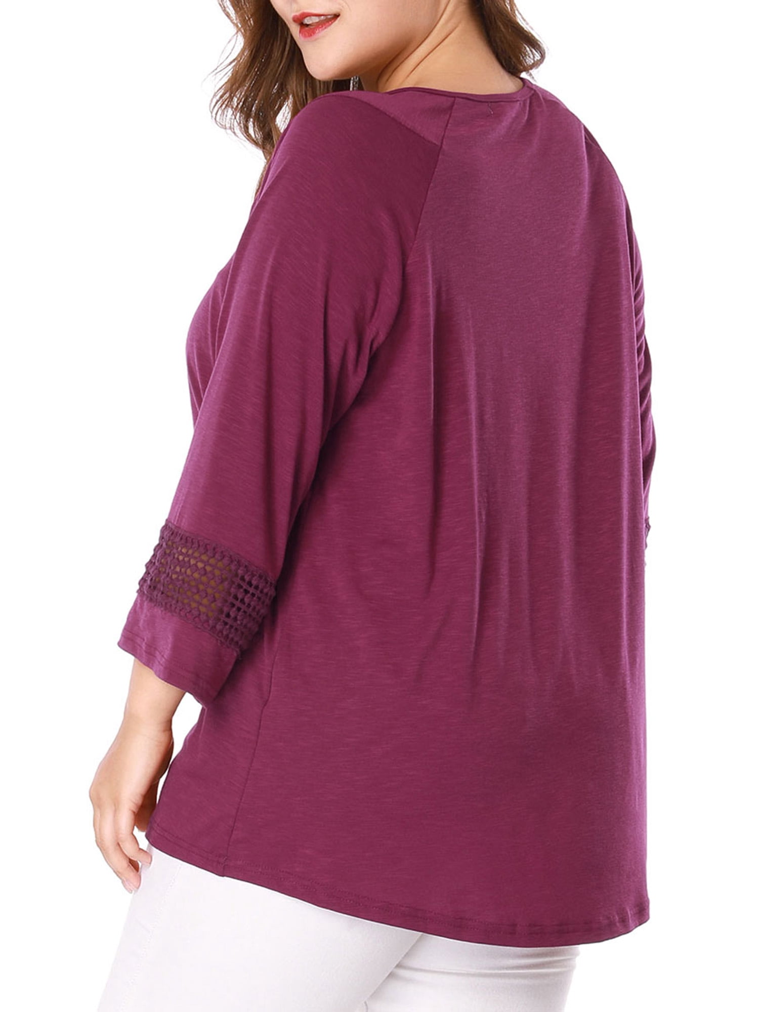 Unique Bargains Juniors' Plus Size Crochet Panel Kimono Raglan Sleeves Ruched Front Top Purple 3X