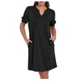 thumbnail image 1 of Robes Mini d'Été pour Femmes Manches Courtes Bouffantes Décontractées Col en V Printemps Plissé T-Shirt Tunique Plage Robe Courte, 1 of 6