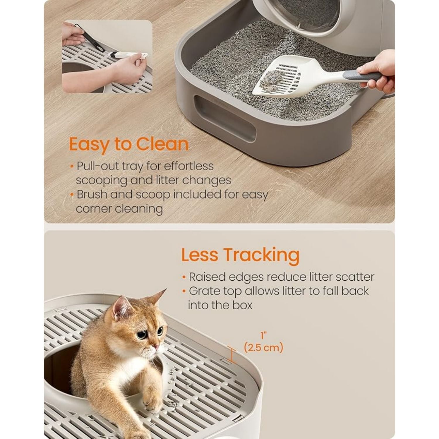 Cat Litter Box with Lid, XL Enclosed Litter Box with Slide-Out Tray, Scoop, Brush, Anti-Tracking, for Cats of Different Sizes, Oatmeal and Warm Gray