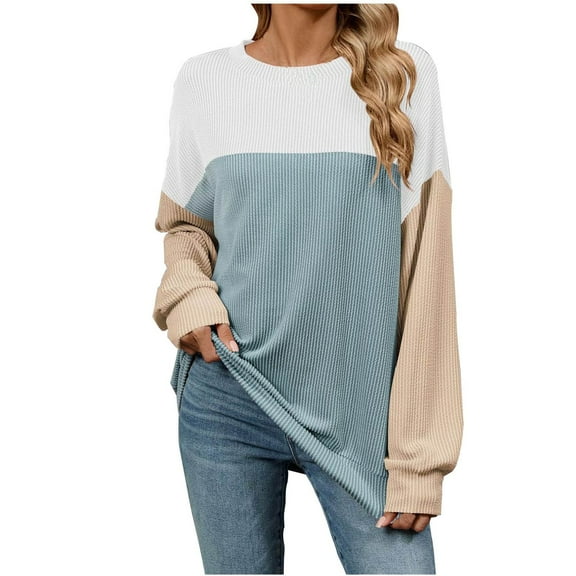 JUUYY Womens Color Block Texture Long Sleeve Tee Shirt Loose Casual Round Neck Cotton T-Shirts Tops Pullover Blue S