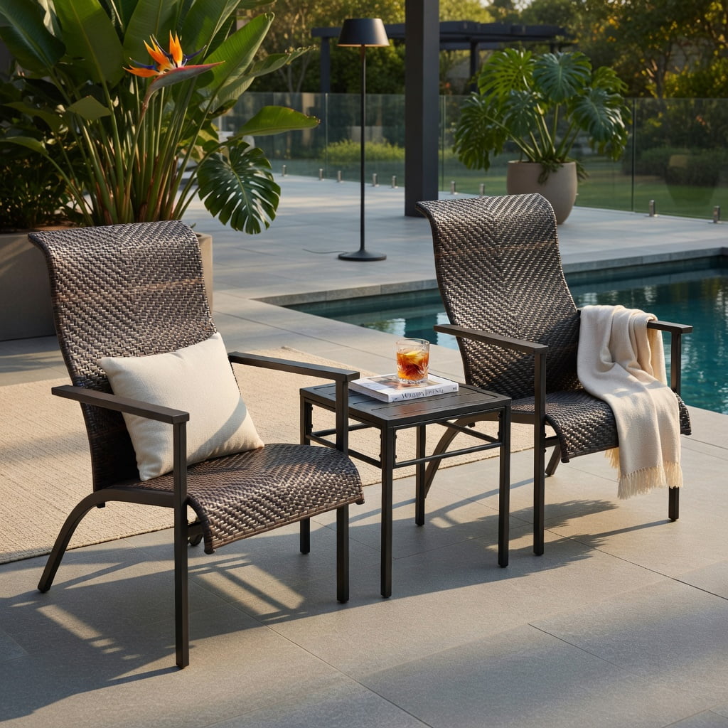 Hommoo 3-Piece Outdoor Patio Bistro Set, Weather-Resistant PE Rattan Table & 2 High-Back Chairs with Armrests, Compact for Balcony, Backyard & Poolside, Brown
