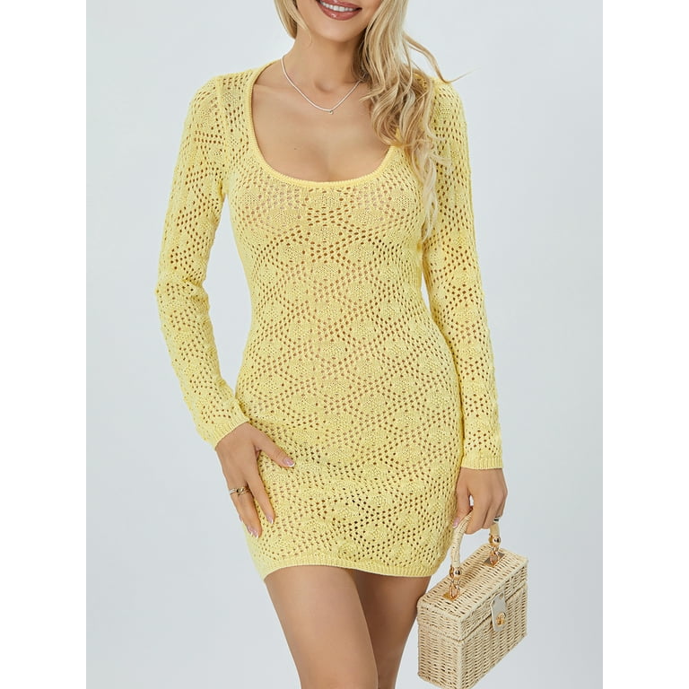Women's Summer Mini Knit Dress Yellow Long Sleeve Scoop Neck Open Back  Party Dress - Walmart.com