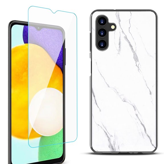Slim-Fit Protective Fashion Phone Case (Black) for Samsung Galaxy A13 5G, with Tempered Glass Screen Protector, by OneToughShield ® - Marble / White