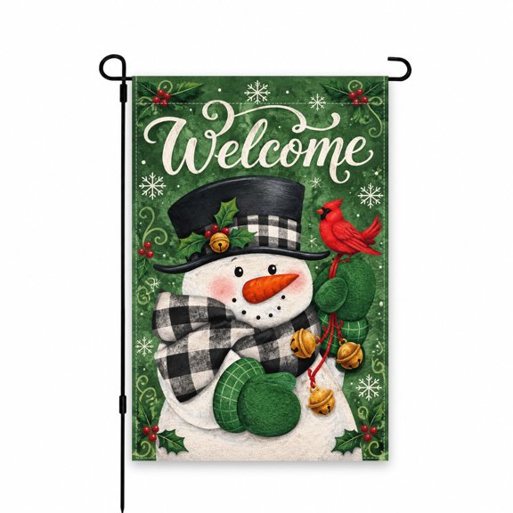 Welcome Snowman Garden Flag with Cardinal & Holly, 12x18 Inch - Festive Winter Snowflakes Outdoor Decor for Yard, Lawn, Patio, or Porch Display