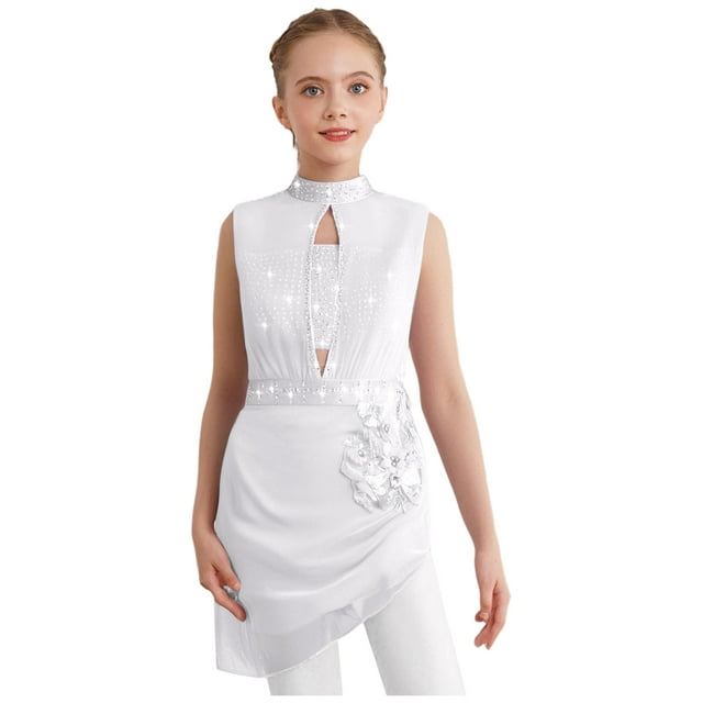 Oyolan Robe de Patinage Artistique Brillante pour Filles, Robe de Danse Lyrique, Justaucorps de Ballet à Jupe Froncée pour Compétition, Ivoire, 10