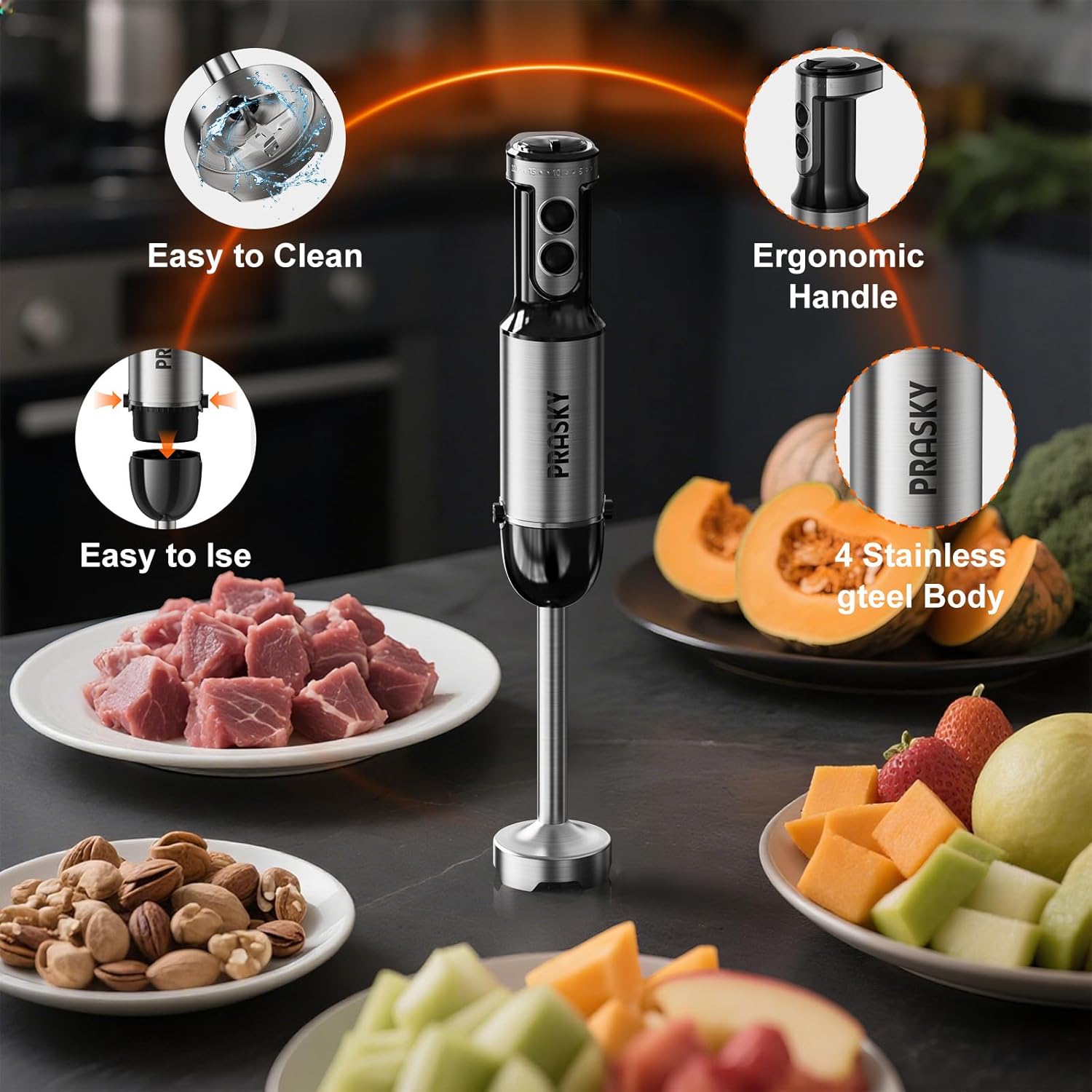 Immersion Blender Handheld with 20 Speed &  Mode, 500W Copper Motor Stainless Steel Blades for Soups Smoothies