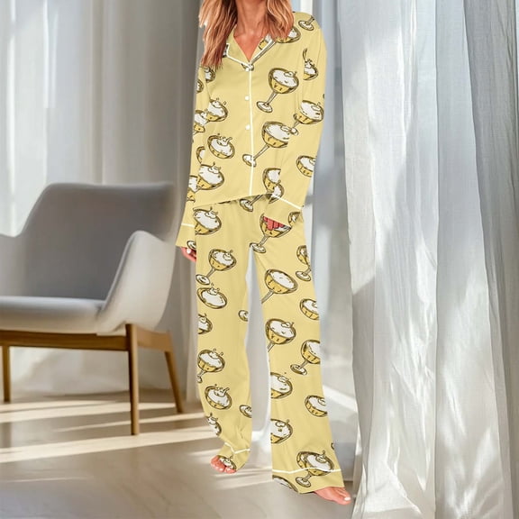 BRGZLK Women Casual Fashion Turn Down Collar Print Long Sleeve Nightwear Set Casual Soft Cozy Top Pants Pajamas Set Yellow L