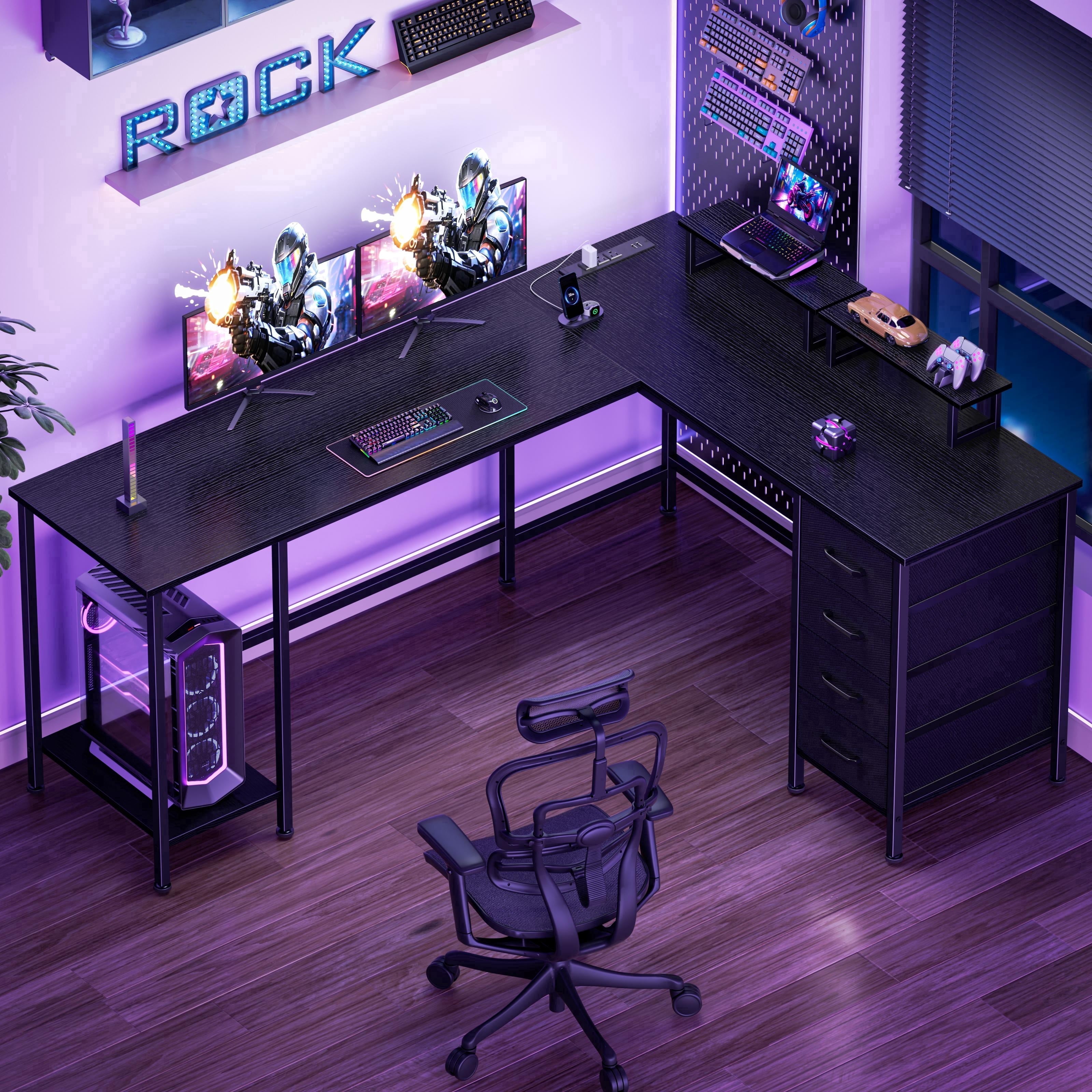 Satifur 66" L-Shaped Desk with Power Outlets, 4 Fabric Drawers & 2 Monitor Stands, Convertible Two Person Home Office Desk,Black