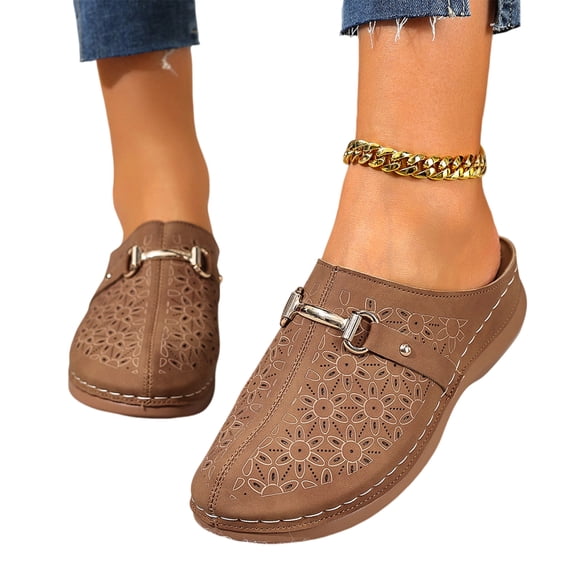 Women's Metal Buckle Mule Slides, Perforated Comfort Flat Shoes, Lightweight Casual Loafers for Indoor Outdoor and Summer Daily Activities,Brown Size 39