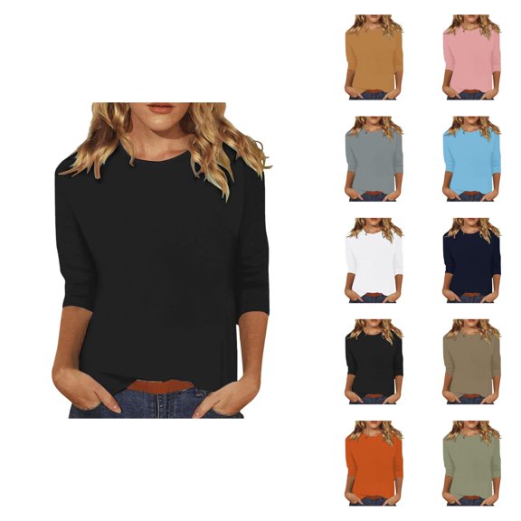 3/4 Sleeve T Shirts for Women Summer Solid Casual Crew Neck Tunic Tops Vacation Tops