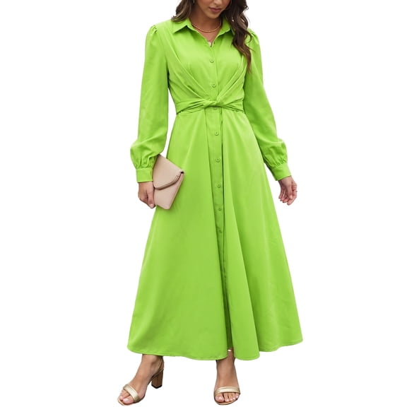 OYYN Women Lime Green Belted Midi Shirt Dress Turn Collar Puff Sleeve Spring Summer Plus Size Gown