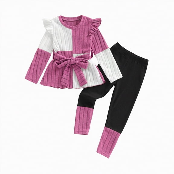 Xyant Toddler Baby Girl Clothes Long Sleeve Ruffle Shirt Sweatshirt Leggings 2 Piece Color Bolck Infant Baby Girl Fall Winter Spring Outfit (Red,18-24 Months)