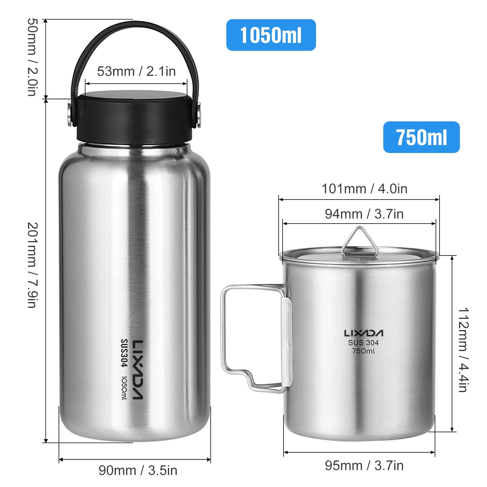 TFixol LIXADA Stainless Steel Water Bottle & Foldable Cup Set