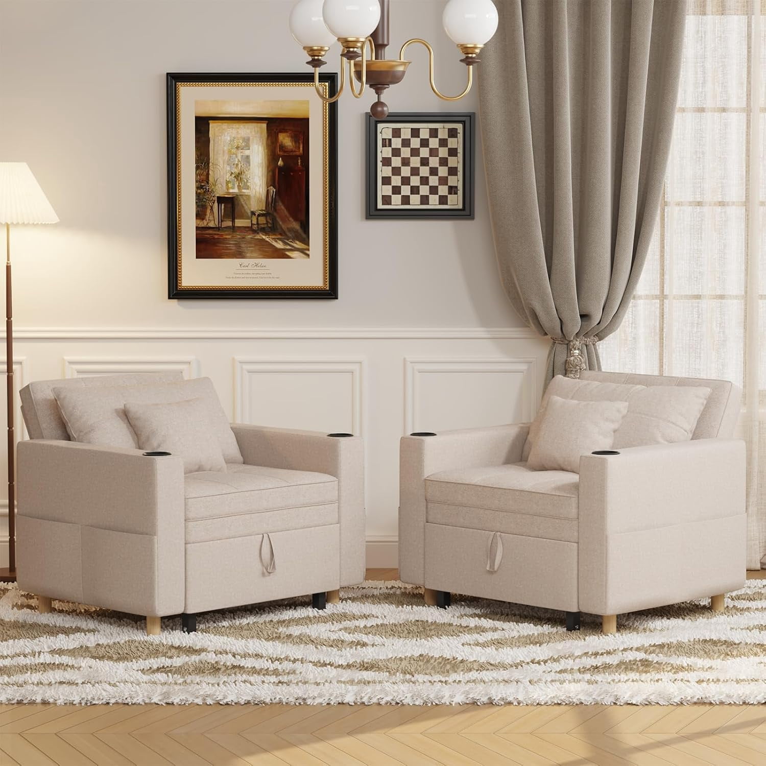 AECOJOY Sofa Bed, 38" Extra-Wide 3-in-1 Convertible Pull-Out Single Sofa with Adjustable Backrest and Cup Holder, Beige