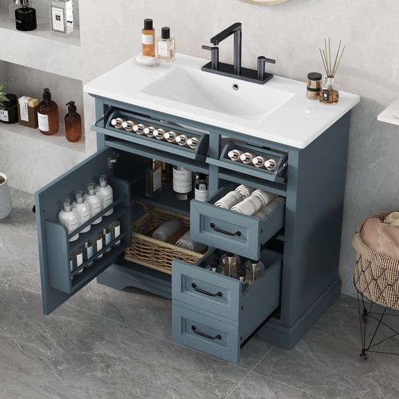 36" Bathroom Vanity with Ceramic Sink, Freestanding Storage Cabinet with 2 Tip-out Drawers, Soft Close Door Hinges, Adjustable Shelves, for Home, Blue