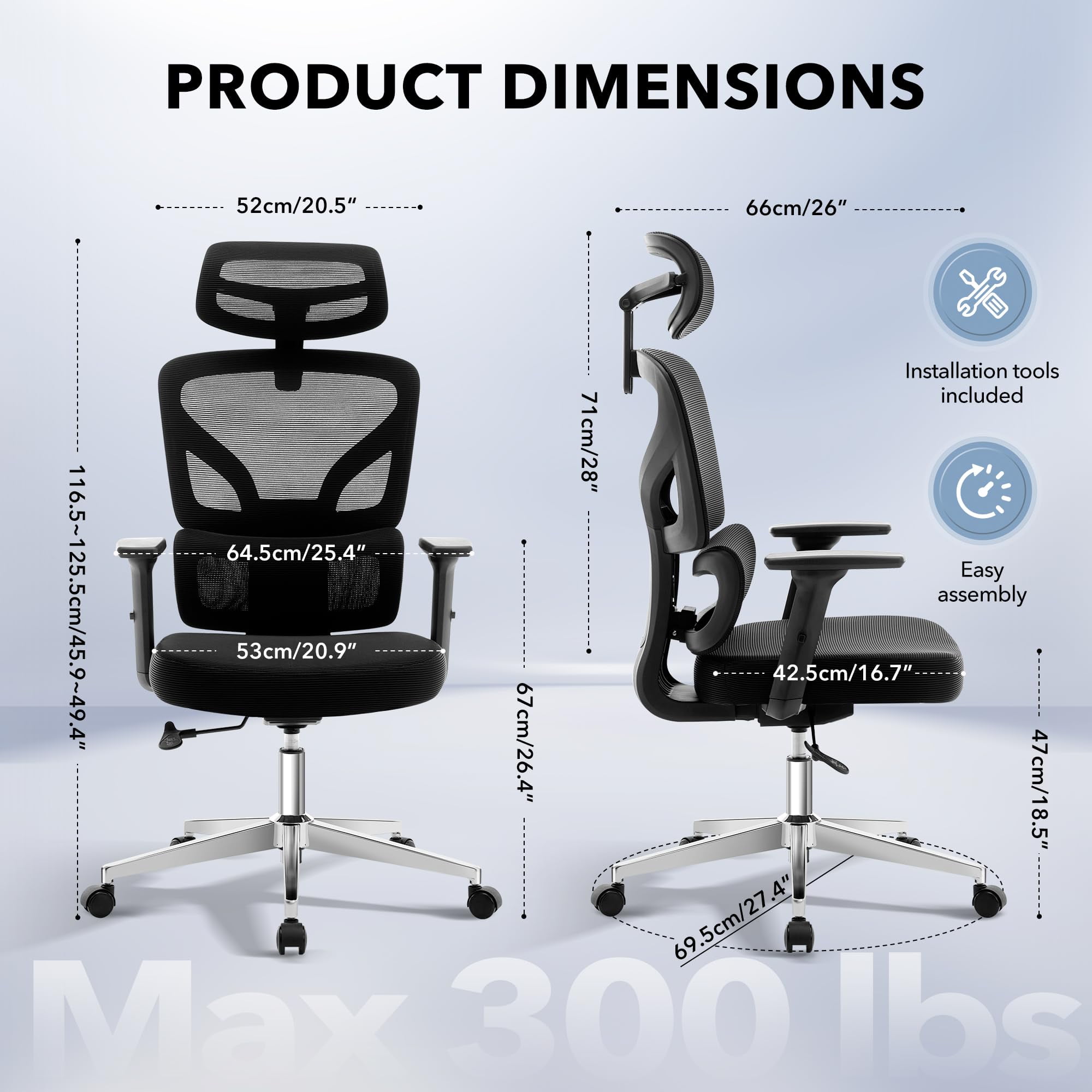 Ergonomic High-Back Mesh Office Chair – Adjustable Lumbar, 3D Armrests, Headrest & Recline – Breathable Rolling Swivel Desk Chair, Supports 300 lbs – Black Frame & Black, Electroplated Base