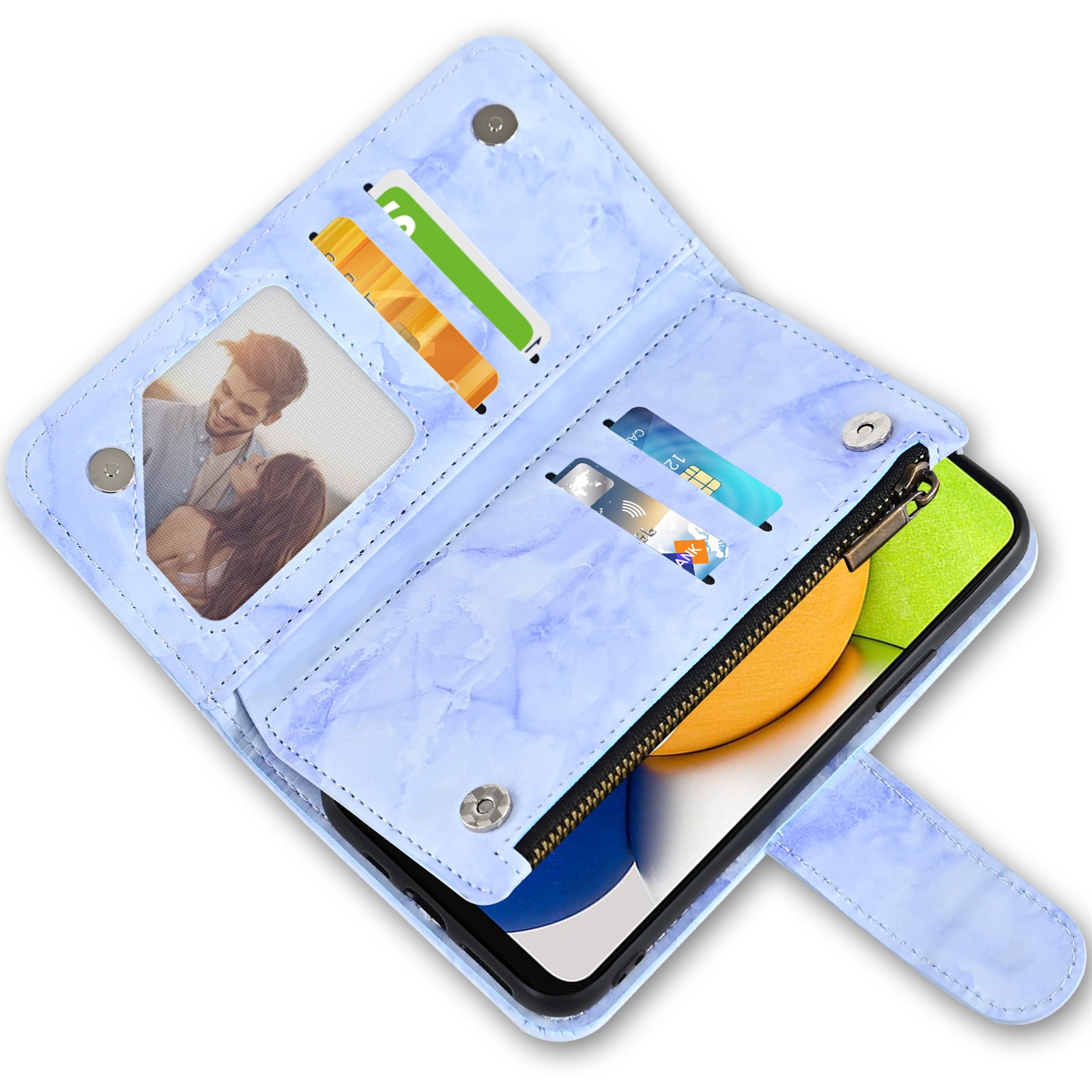 Asuwish Compatible with Samsung Galaxy A03 Wallet Phone Case and Tempered Glass Screen Protector Marble Faux Leather Flip Credit Card Holder Stand Zipper Slot Cell Cover for A 03 03A Ao3 Women Blue