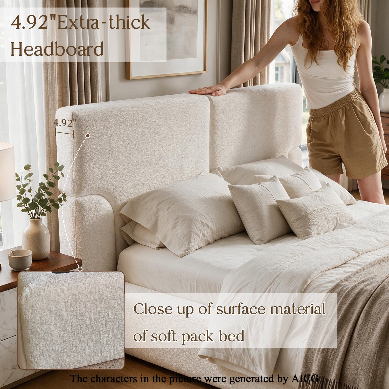 Miniyam Queen Upholstered Platform Bed Frame with 4.92" Padded Headboard, Jacquard Fabric Low Profile Bed, Cream White