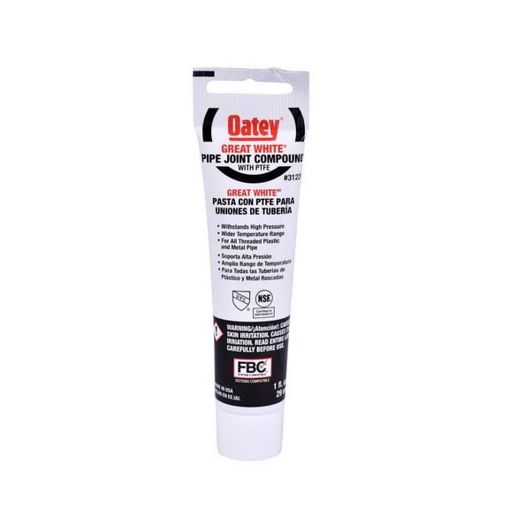 Oatey Great White 31229 Pipe Joint Compound With PTFE, 1 oz, Tube, White, Liquid Paste