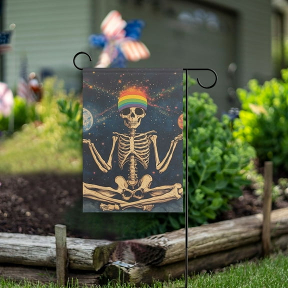 Yayeee Garden Flag 12" x 18" Double Sided Outdoor Yard Lawn Holiday Decorations, Skeleton with Rainbow