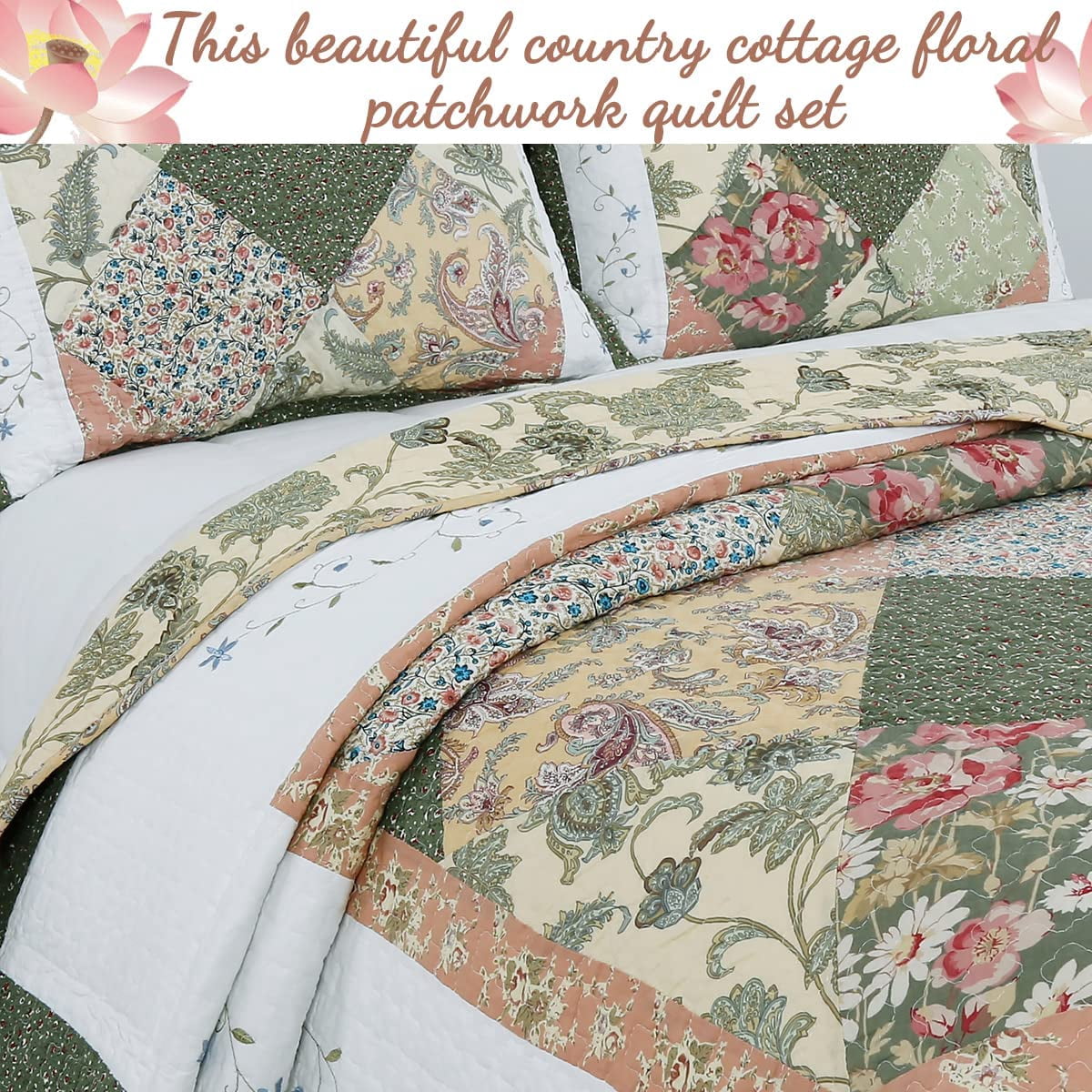 Cozy Line Country Cottage Floral Dark Green Scalloped Edge Real Patchwork 100% Cotton 3-Piece Reversible Quilt Set, Queen
