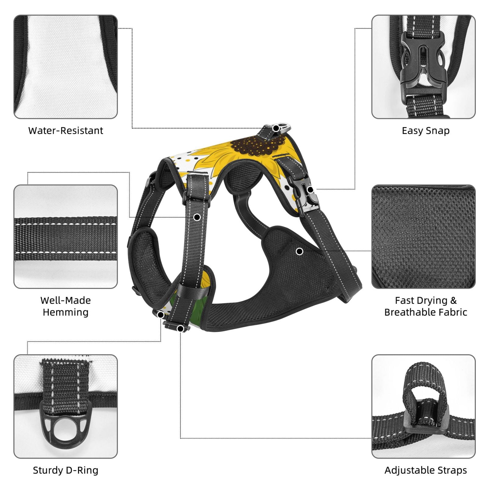 Fuzoiu Sunflowers Print Reflective Dog Harness,Adjustable, Breathable Pet Vest,Dog Harness No Pull,No Choke Pet Vest for Small, Medium, and Large Dogs-Small