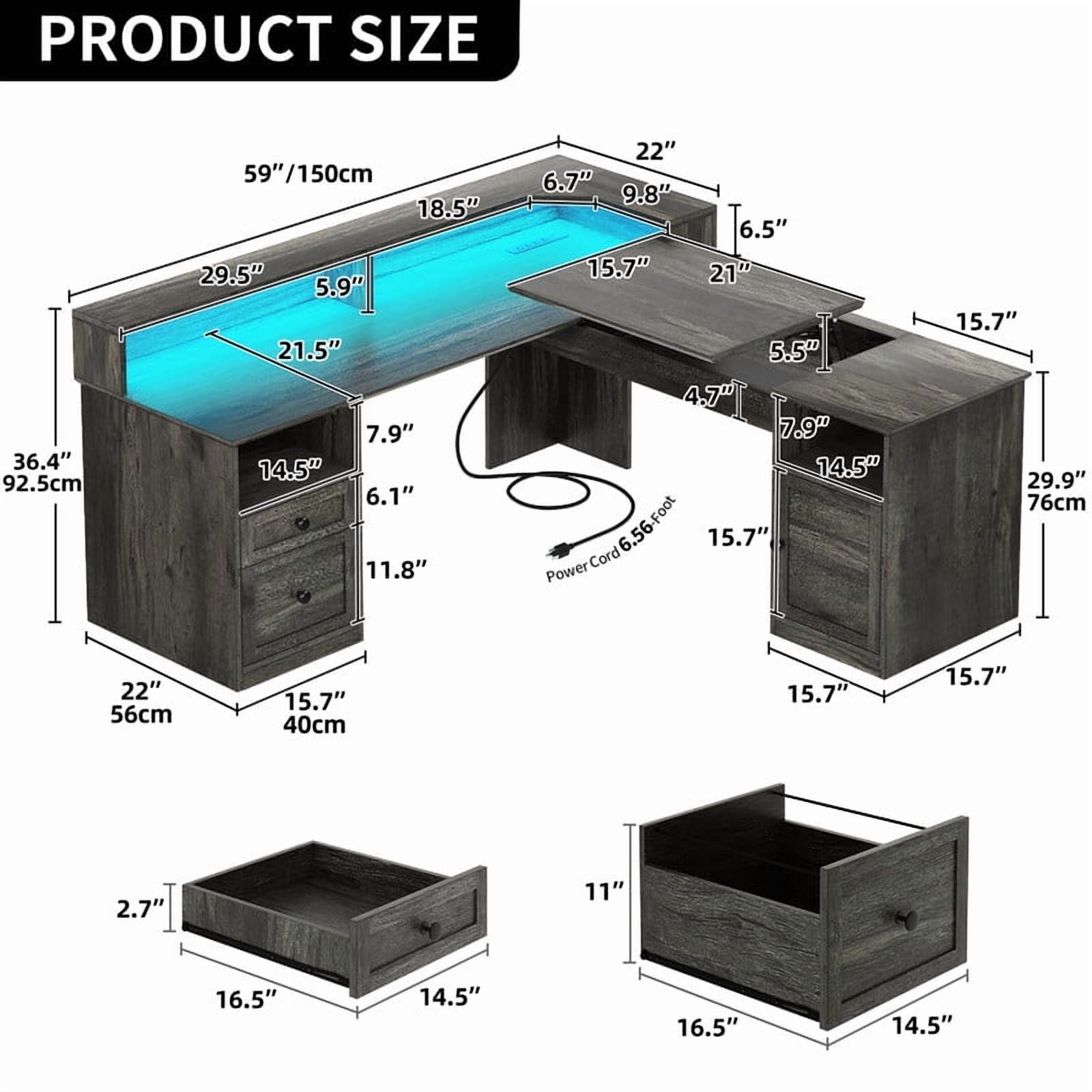 Uforic L Shaped Computer Desk with Power Outlet&LED Lights&File Drawer, 59 '' Corner Computer Table with Hutch& Storage Shelves, Gaming Desk Office Desk with Lift Top For Home Office, Gray