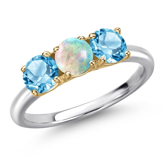 Gem Stone King 10K Two Tone Gold Simulated White Opal and Swiss Blue Topaz Engagement Ring for Women | 1.80 Cttw | Round Cabochon 5MM | Gemstone October Birthstone | Size 8