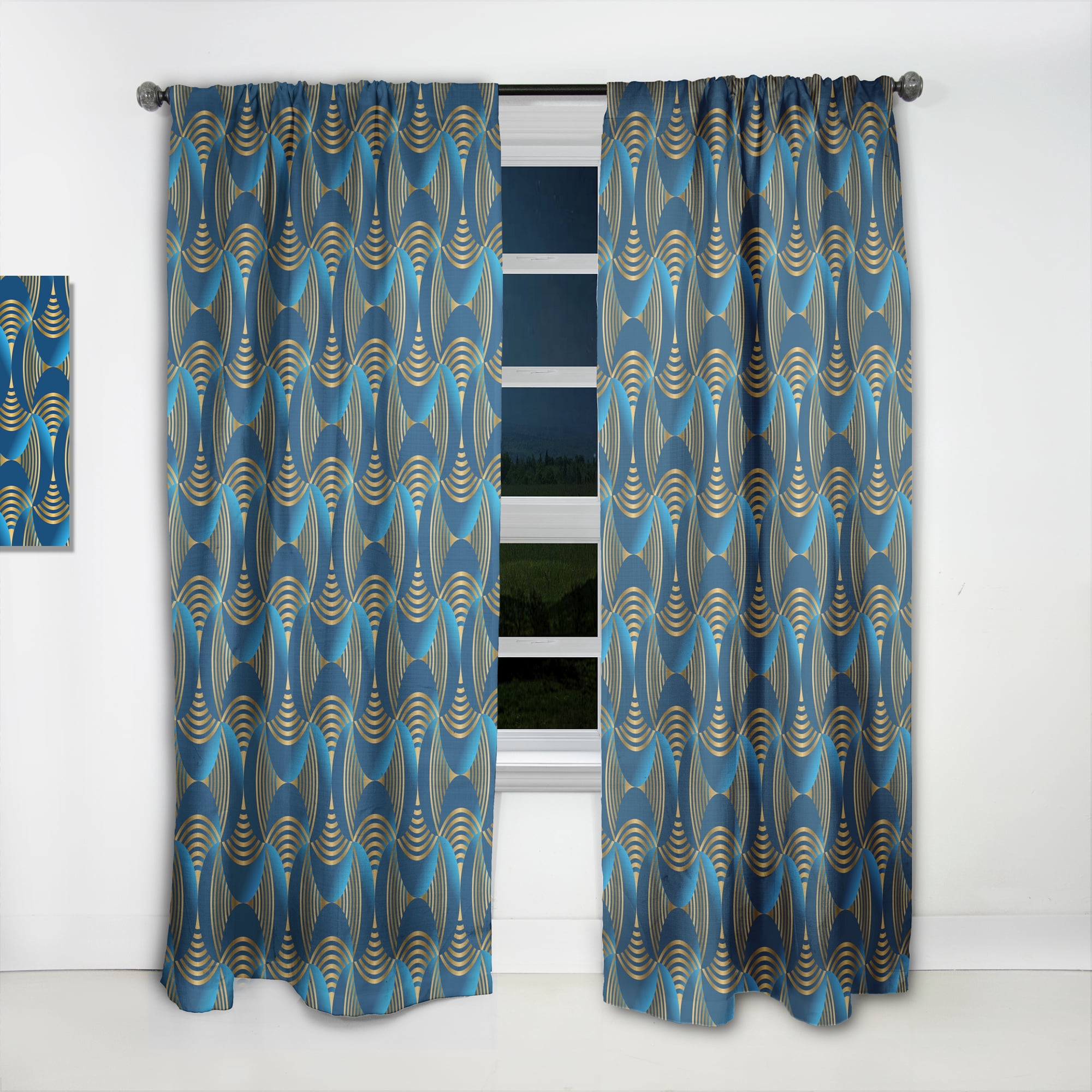 Designart 'Geometric Abstract Waves in Marine Blue and Gold' Mid-Century Modern Curtain Panel